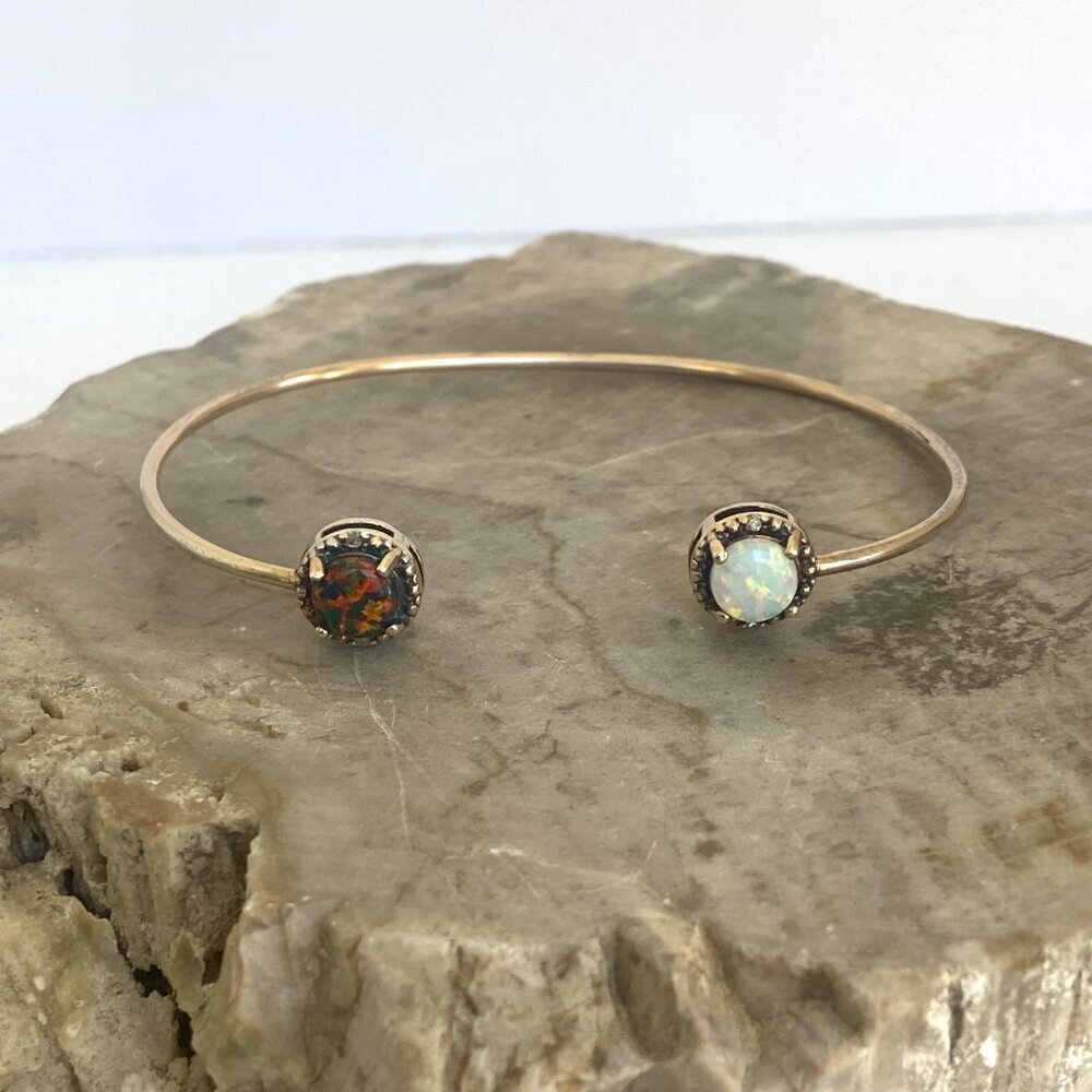 Gold Vermeil Sterling Silver Dainty Black White Opal Diamond Cuff Bracelet 6.25" - Picture 2 of 16